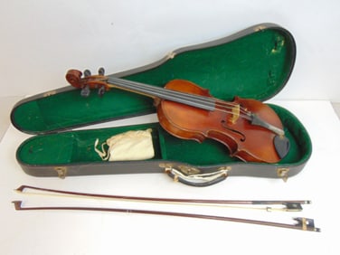 Violin in case with two bows, Stradivarius copy, bows unsigned, case is 14", total length is 23.25":