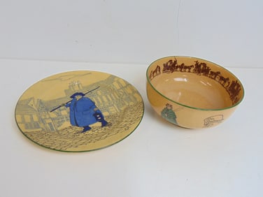Royal Doulton plate & bowl, plate, plate decorated with figure in blue in street setting, 10.5" in d