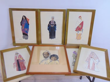 Art lot, 6 Costumes of the Holy Land prints & watercolor, father & child, signed Mary A. Smith 1948.