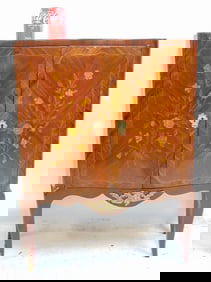 Small double door inlaid cabinet with (as is) marble top, cabinet is 27.5" by 9 7 1/8", height is 32