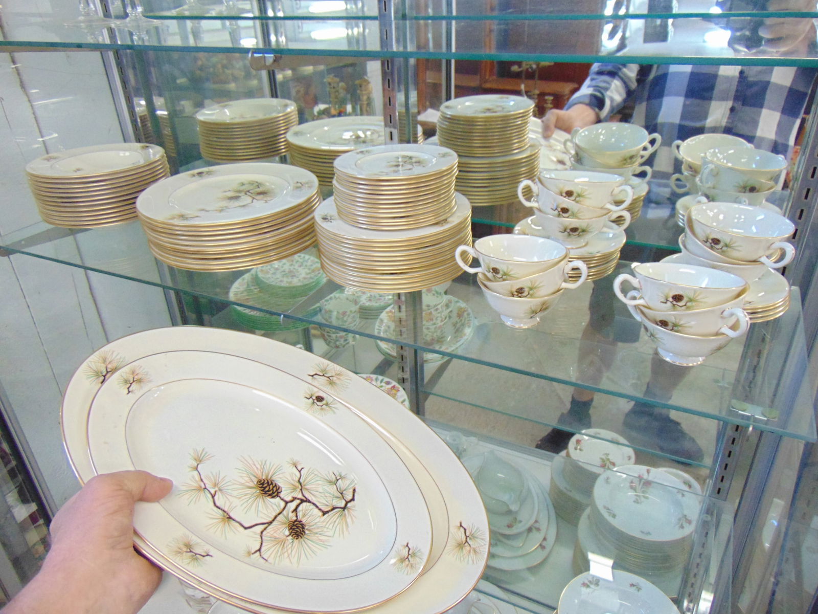 Set Lenox "Pine" pattern porcelain dinnerware, 12 soup plates, 11 dinner plates, 12 cake plates, 12 (1 of 8)