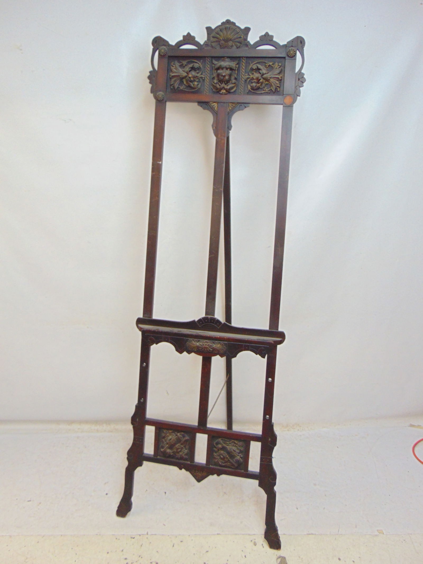 Carved easel, folding & adjustable, has carved lion, various carved panels, easel is 78.5" tall as s (1 of 6)