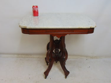 Victorian marble top side table, white marble top, table is 30" by 21", height is 30"