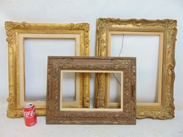 3 carved frames with linen lining, openings are 14.25" by 9" ; 16.75" by 13.5" & 18.25" by 13 1/8"