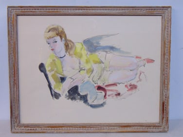 Painting, reclining lady, signed Andre Dignimont, watercolor, 22.25" by 28.25"
