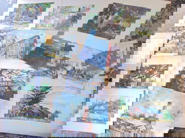 Large portfolio of original art, watercolors by William R. Claxton, landscapes, barn scenes, houses,