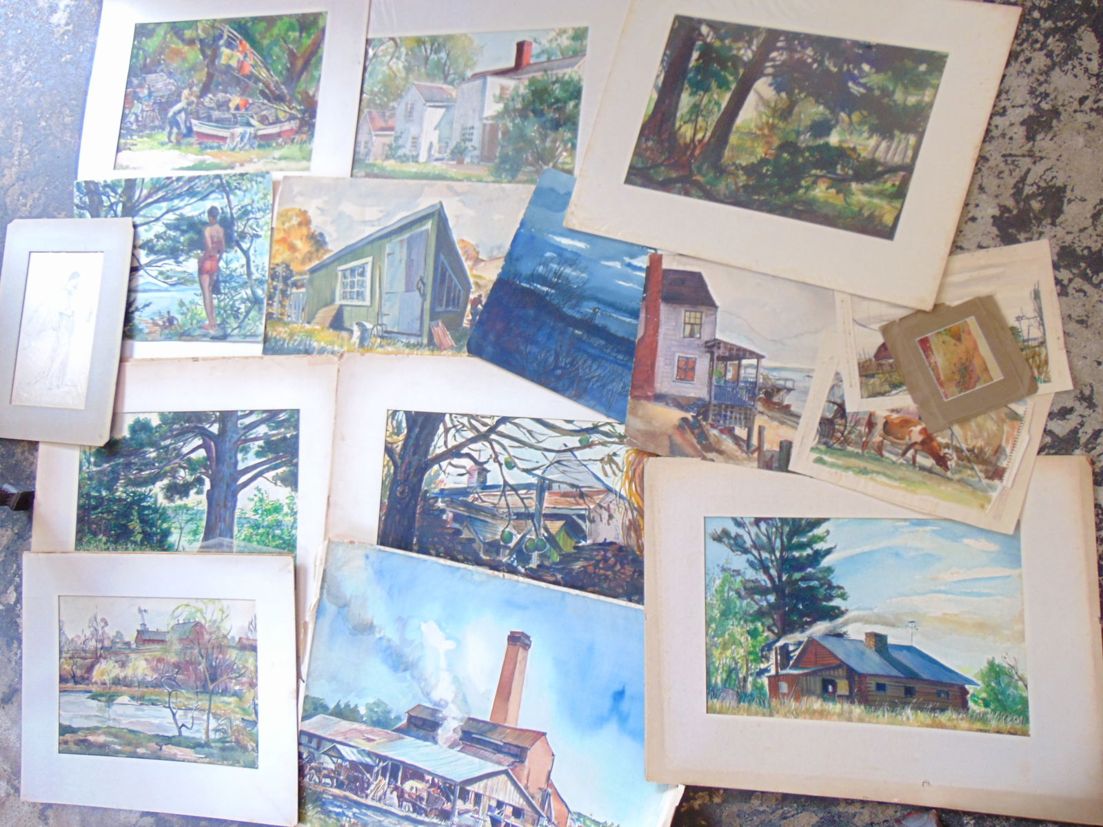 Large portfolio of original art, watercolors by William R. Claxton, landscapes, barn scenes, houses, (1 of 11)