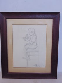 Pencil drawing, boy on chair eating from a bowl, signed with estate stamp, Clara D. Davidson