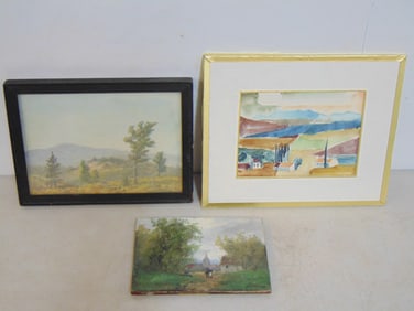 3 miniature paintings, Horace Robbins Burdick, Noel & illegible, "New Hampshire Mountains", signed