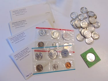 Lot coins, 20 silver half dollars, 8 troy, 1963 half dollar & 4 envelops, Treasury Department with t