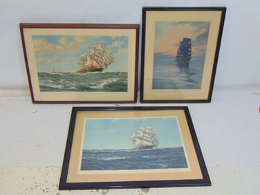 3 nautical prints by Montague Dawson, "A Following Wing", 23.25" by 31 3/8" ; "Eventide",