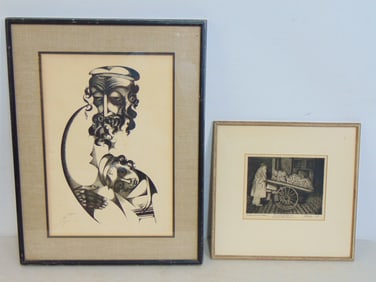 Judaica etching, lithograph "Orchard Street Pattern", signed J.P. Saplin (?) 1935 14.5" by 15"& fath