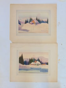 2 paintings, houses in winter landscape, signed Norwell (Graham Noble), watercolors, 10 5/8" by 15"