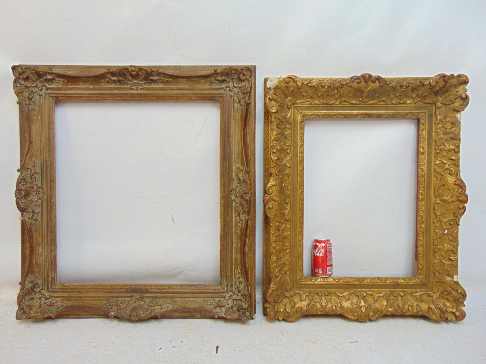 Two carved gilt & gesso frames, openings are 24.25" by 22" & 15.25" by 21.25", some small chips (1 of 8)