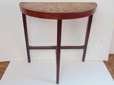 Small inlaid Demi-lune stand, 24.5" wide, 12 1/8" deep, height is 24 5/8"