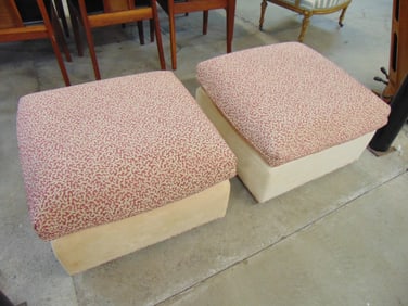 Pair ottomans, square, white base, red pattern tops, ottomans are 26" by 26", height is 17", clean