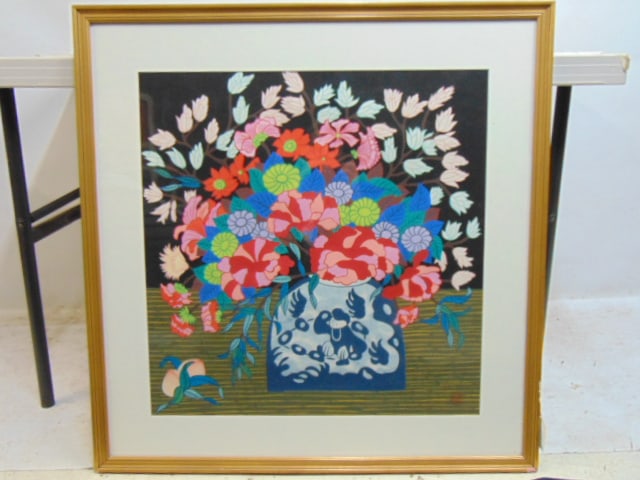 Print, "Wild Flowers", 1997, Lu Yong Zhong (silkscreen ?), 24" by 23.5", 32 5/8" by 32" (framed) (1 of 5)