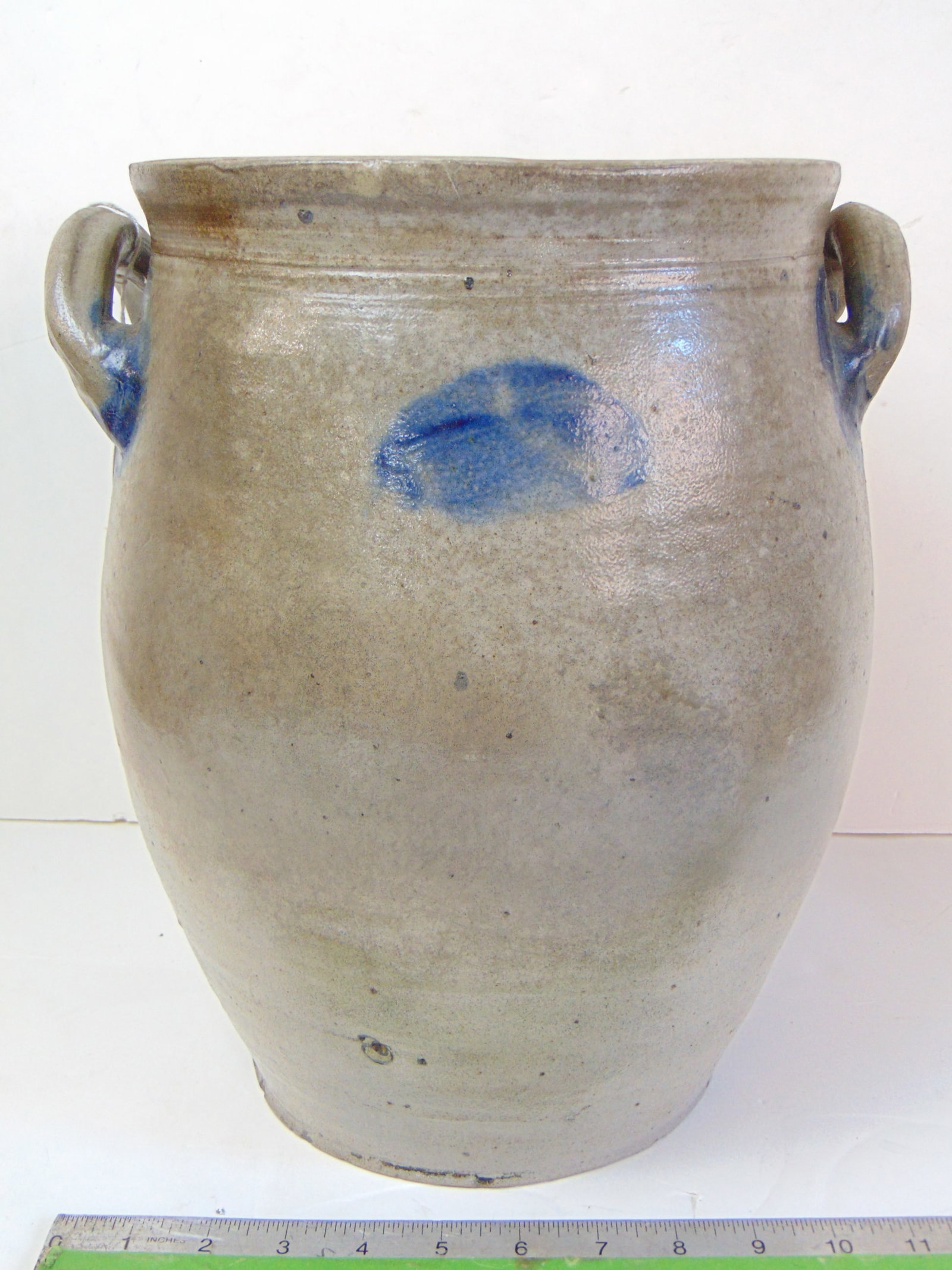 Stoneware jar with blue decoration, double open loop handles, jar is 13.25" tall, diameter is 11".: Stoneware jar with blue decoration, double open loop handles, jar is 13.25" tall, diameter is 11".