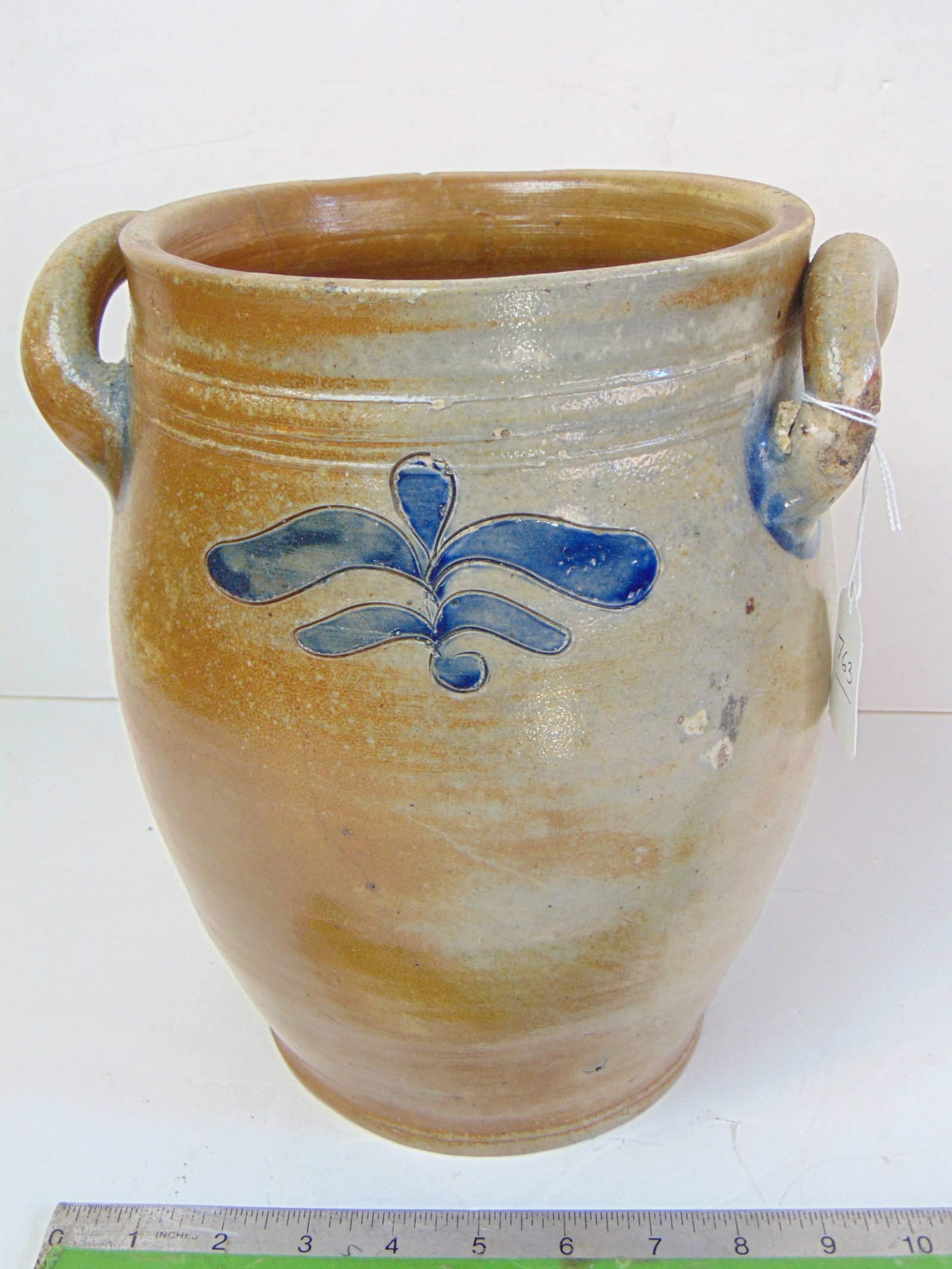 Manhattan Incise decorated stoneware jar, incised & blue decoration, height is 11", diameter is 9", (1 of 6)