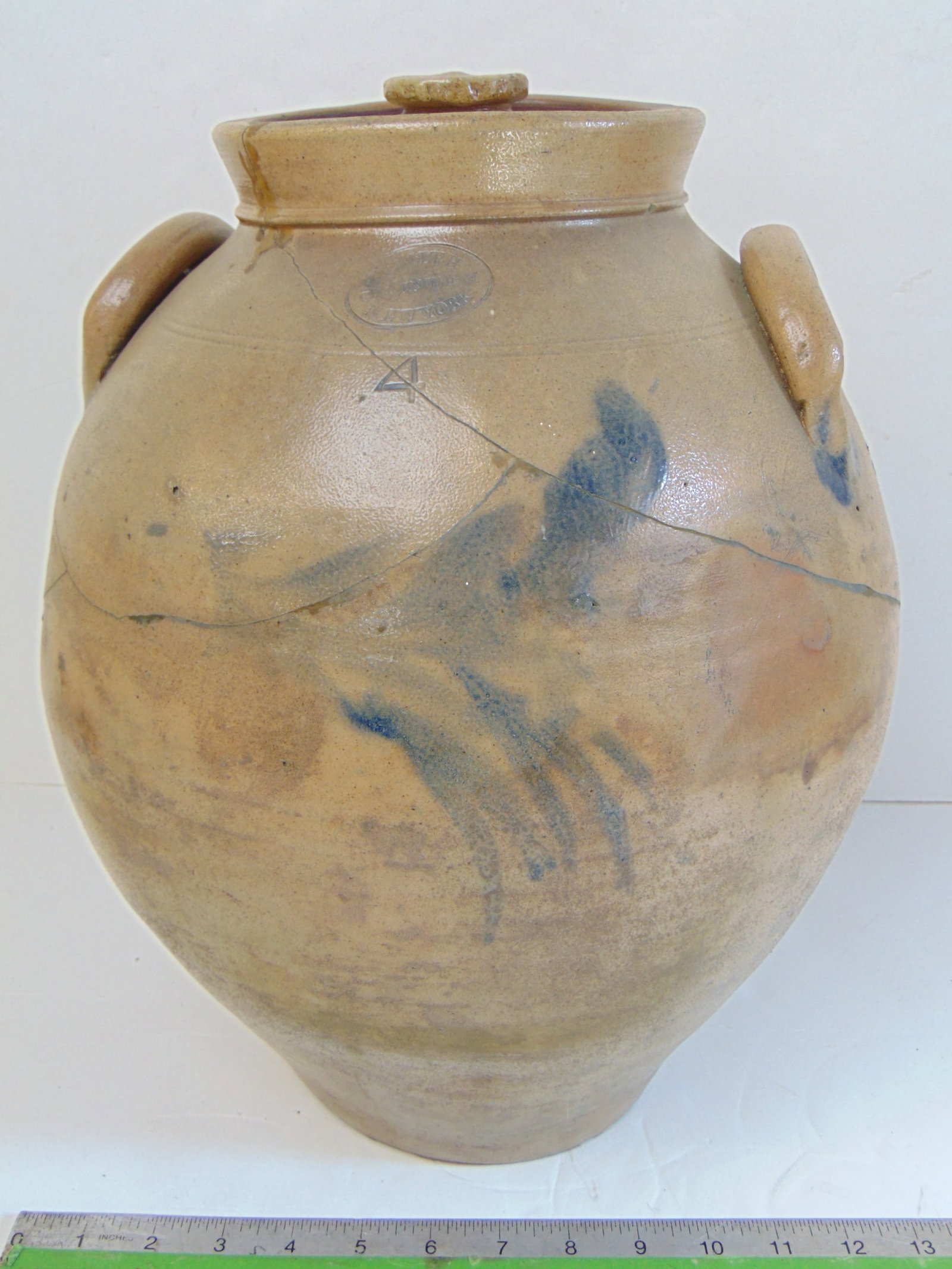 Large lidded ovoid stoneware jar, "W. Smith, Greenwich, New York", with blue decoration, in repaired (1 of 9)