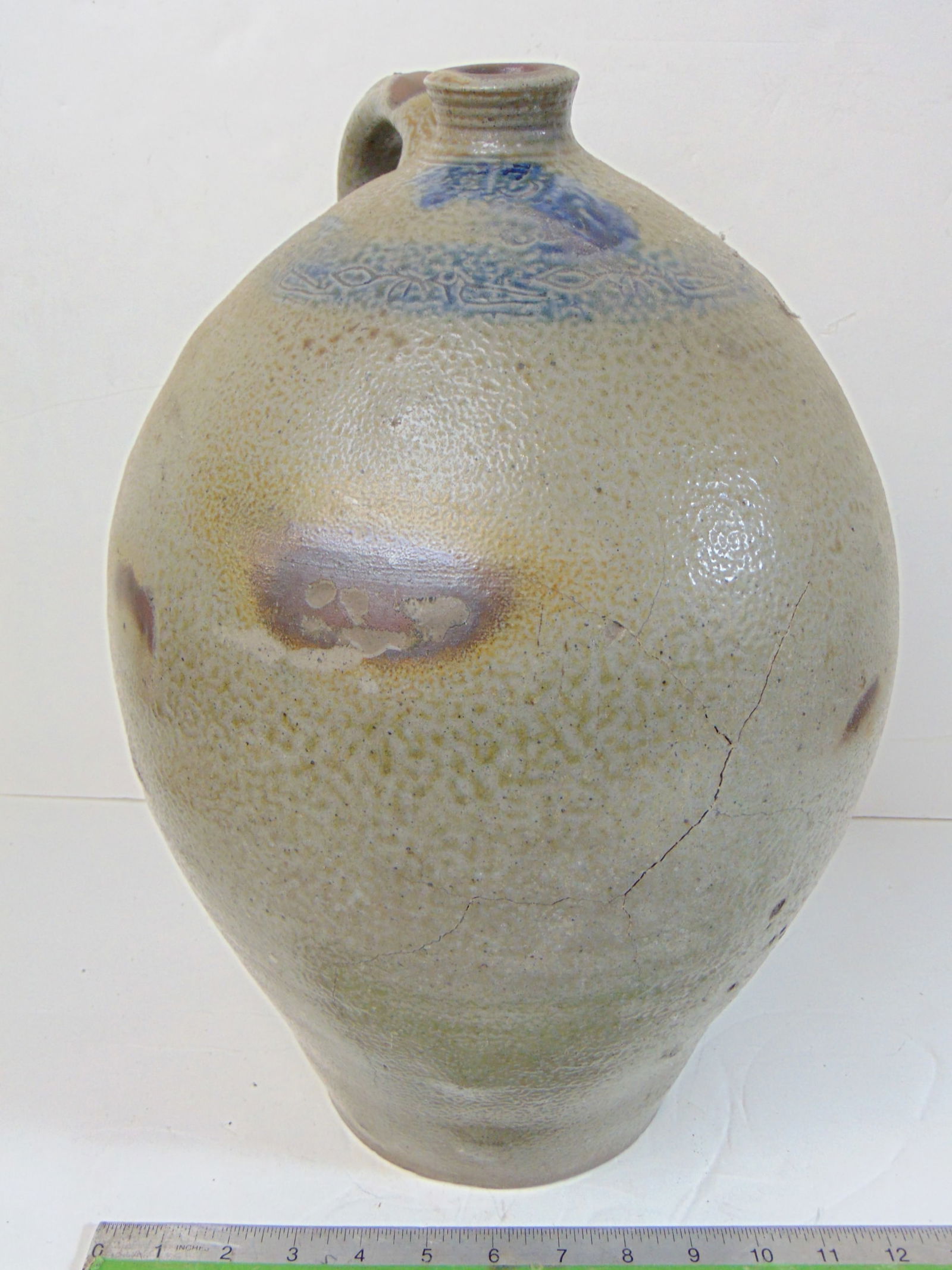 Large ovoid stoneware crock with blue decoration, decorative incised band around top, # 3 at neck, (1 of 8)