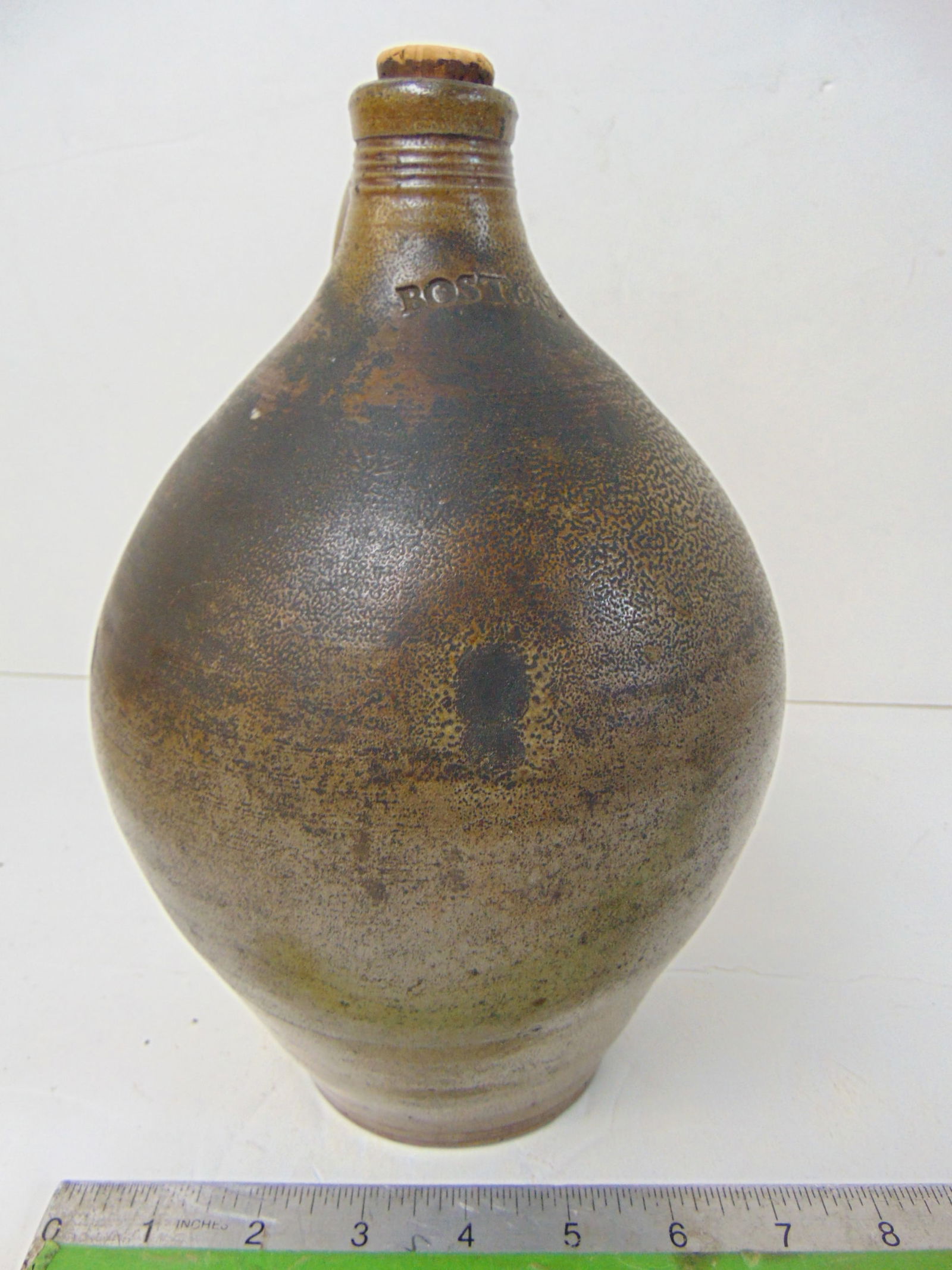 Small ovoid stoneware jug, "Boston", incised bands around neck, jug is 10" tall, diameter is 6.75". (1 of 7)