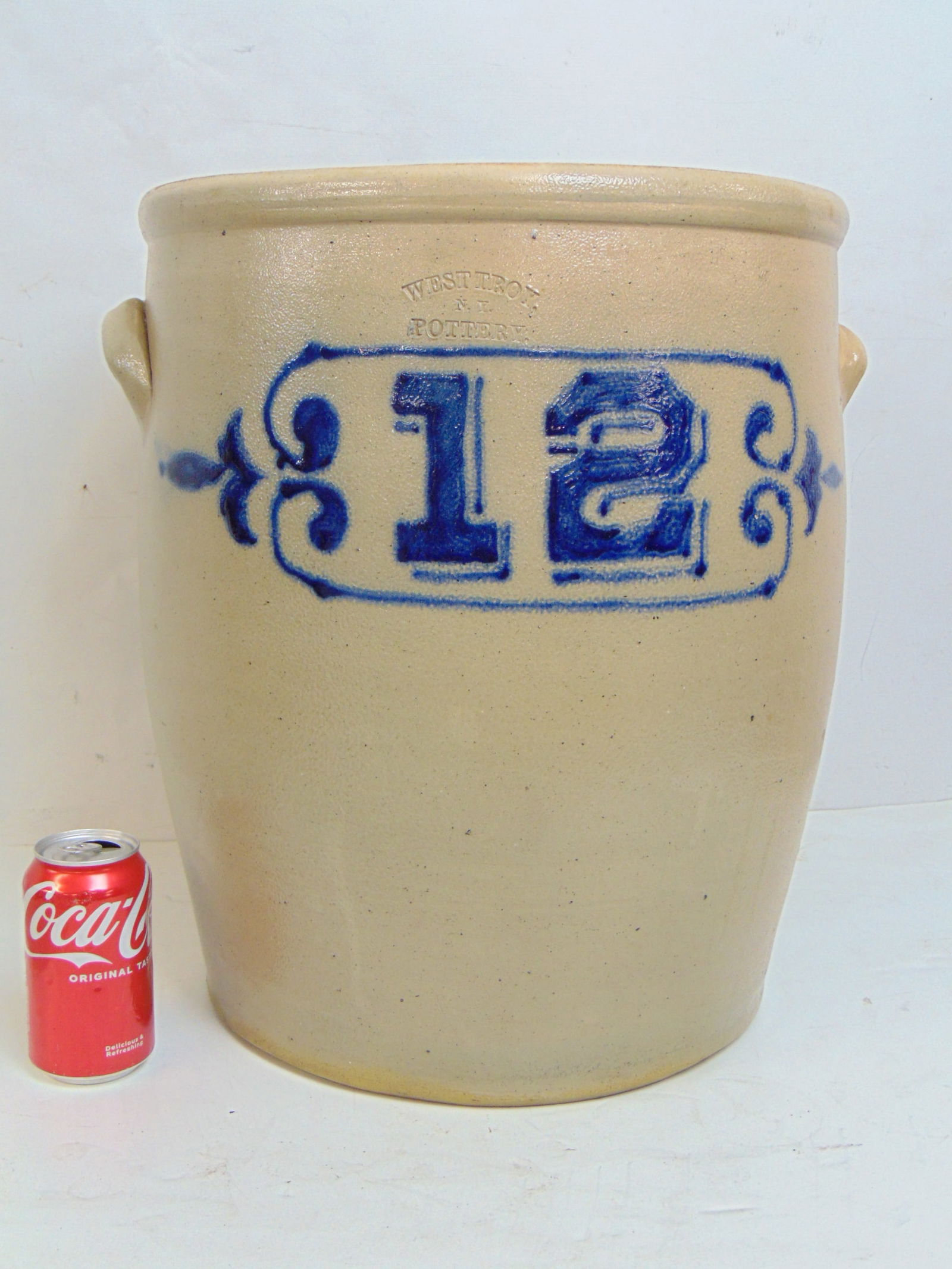 Large stoneware jar, West Troy, New York Pottery, "12" in large blue letters, jar is 15.75" wide, (1 of 6)