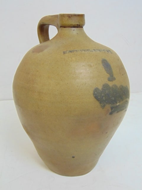 Small ovoid jug, E. White, Utica, with blue decoration, jug is 11" tall, width is 8.75" (1 of 5)
