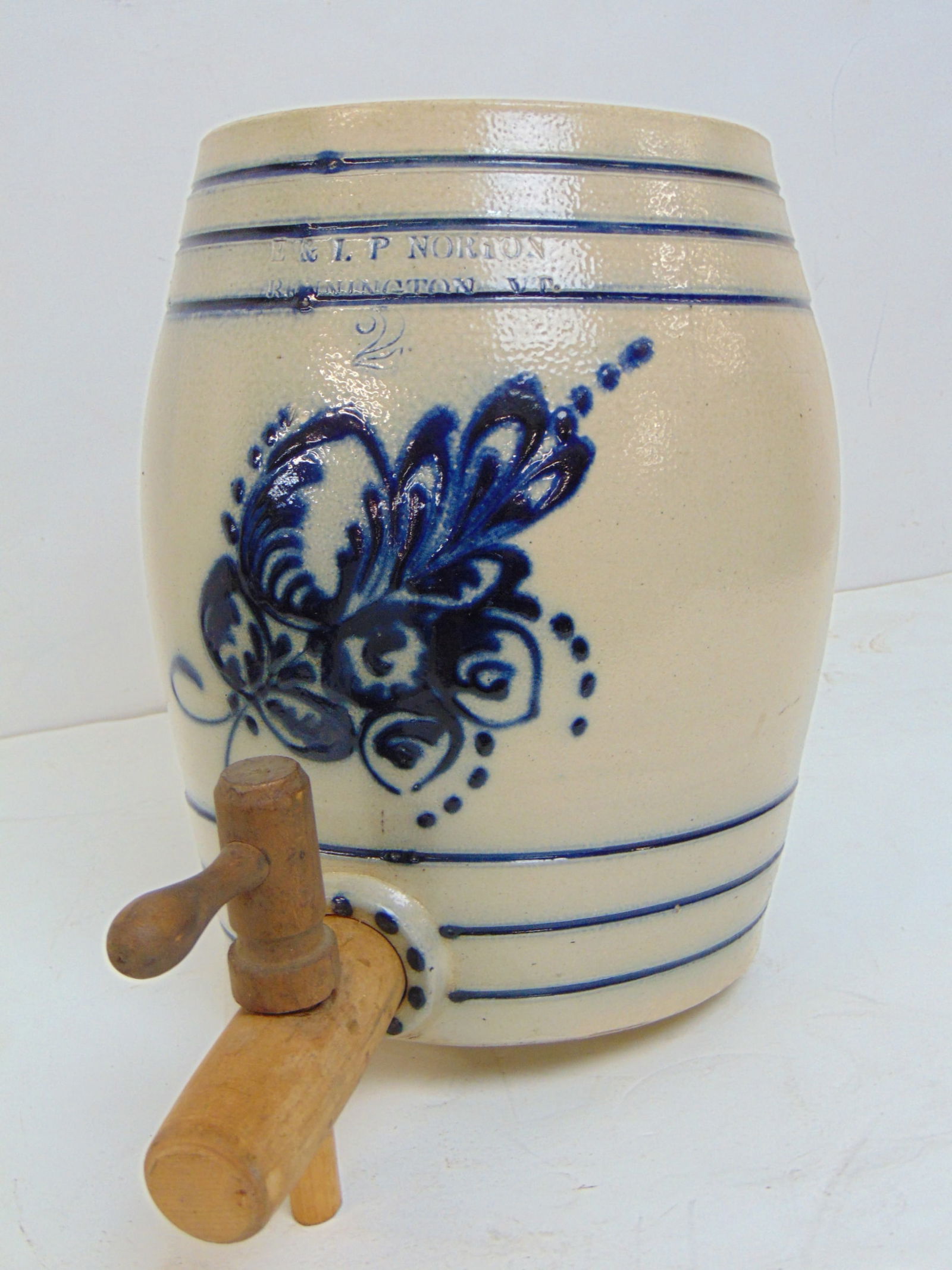 Stoneware water cooler with wood spigot, E & LP Norton, Bennington VT #2, nicely decorated with blue (1 of 6)