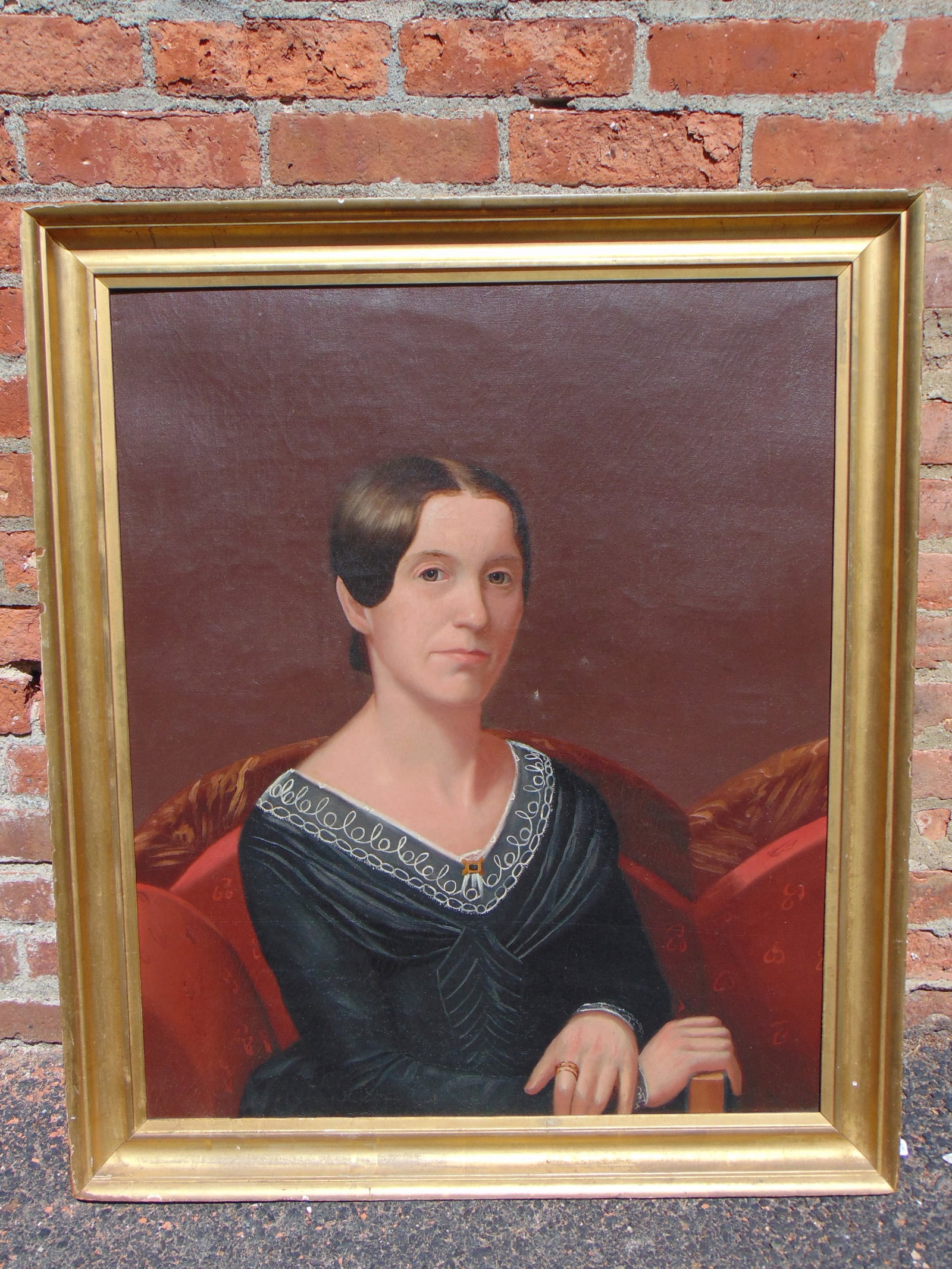 Painting, portrait of Ruth Cook, Aged 29 years, 1844, on reverse stretcher "Pt by ABC, oil on: Painting, portrait of Ruth Cook, Aged 29 years, 1844, on reverse stretcher "Pt by ABC, oil on canvas, original condition, canvas is 30.25" by 25.25", (framed size 34.5" by 29.5"