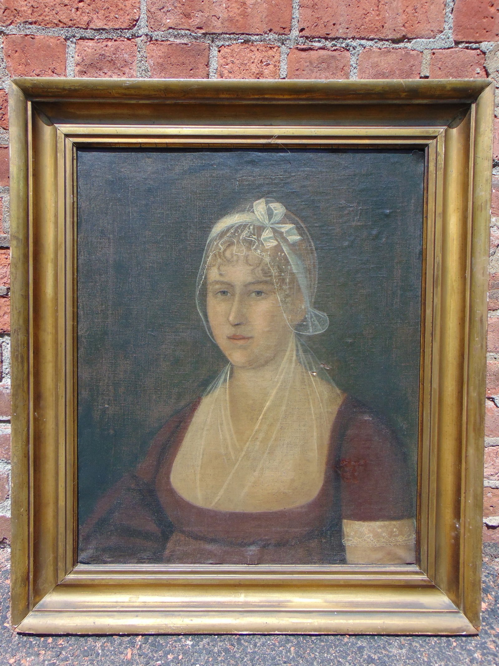 Painting, portrait of a lady with lace cap, oil on canvas, unsigned, various old repairs, some: Painting, portrait of a lady with lace cap, oil on canvas, unsigned, various old repairs, some inpainting lower right, canvas is 23 1/8" by 19.25", framed size is 29" by 25"
