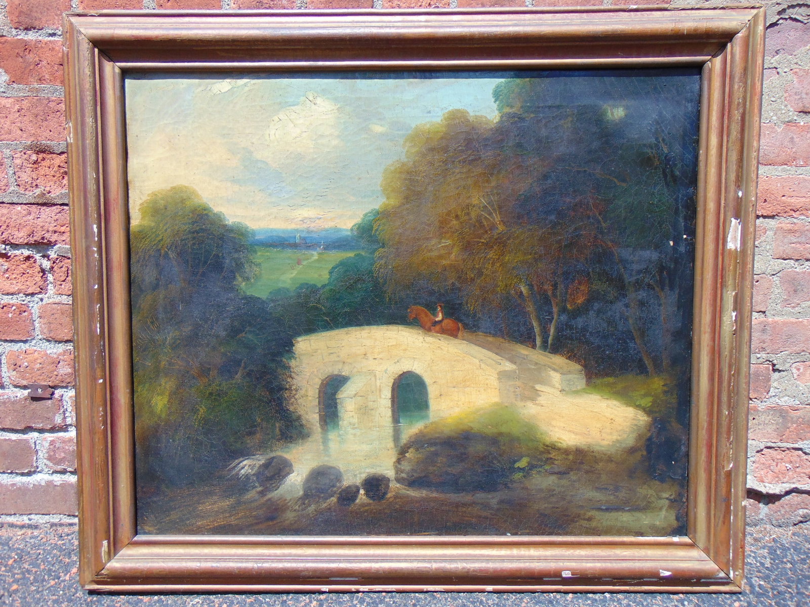 Painting, figure on horseback crossing stone bridge in landscape, unsigned, American School, oil on: Painting, figure on horseback crossing stone bridge in landscape, unsigned, American School, oil on canvas, several old repairs, on Julius Scholtz canvas, 25" by 30", framed size 30" by 35.25"