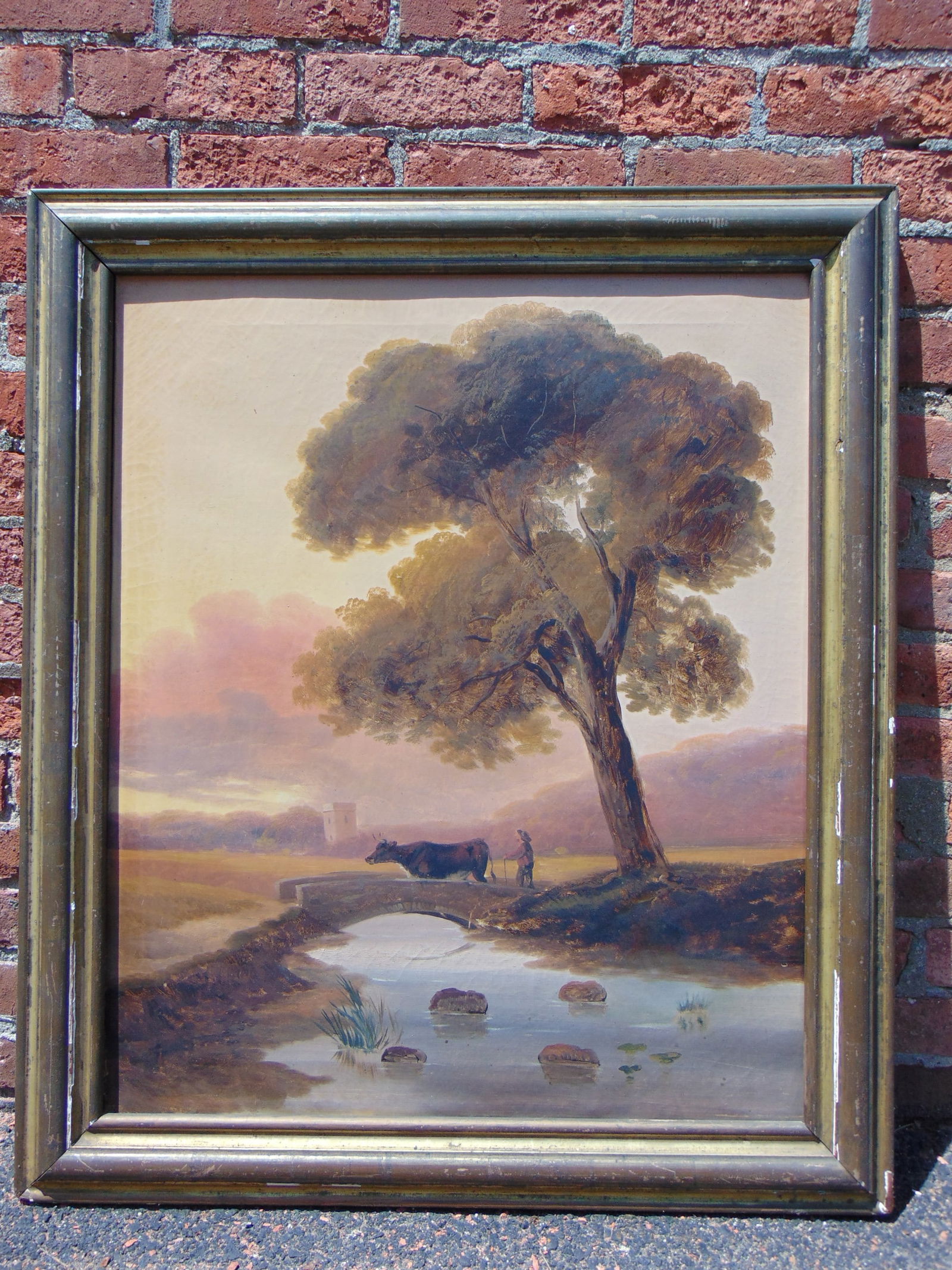 Painting, man with cow on stone bridge, unsigned, oil on canvas, canvas is 30" by 25", framed size (1 of 6)