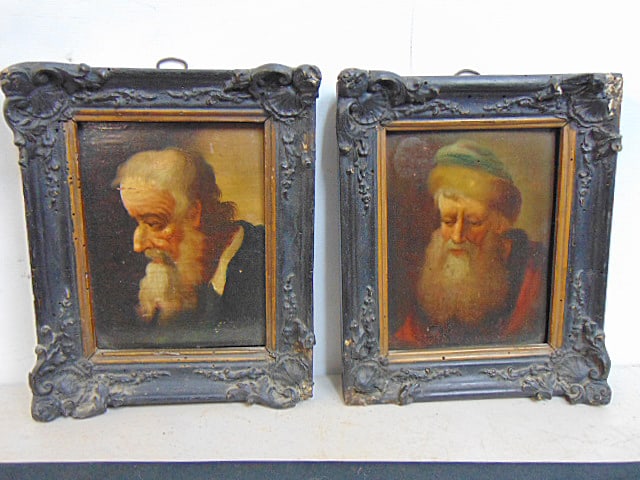 Pair small paintings, portrait bearded man, Rabbi (?) unsigned, oil on wood panel, framed, each (1 of 4)