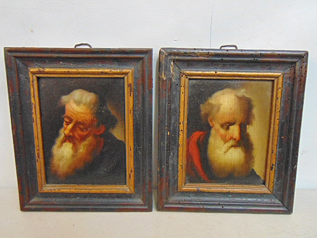 Pair small paintings, portraits bearded man, unsigned, oil on wood panel, 7.25" by 6", includes (1 of 6)