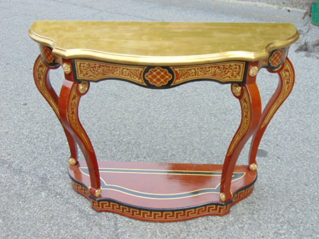 Gilt and paint decorated console table with applied medallions, 46" wide, 15" deep, height is 34": Gilt and paint decorated console table with applied medallions, 46" wide, 15" deep, height is 34"