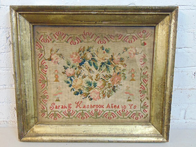 Needlepoint sampler, Sarah Hasbrook, Aged 10 Ys, in gilt frame, total size is 18" by 20.75" (1 of 5)