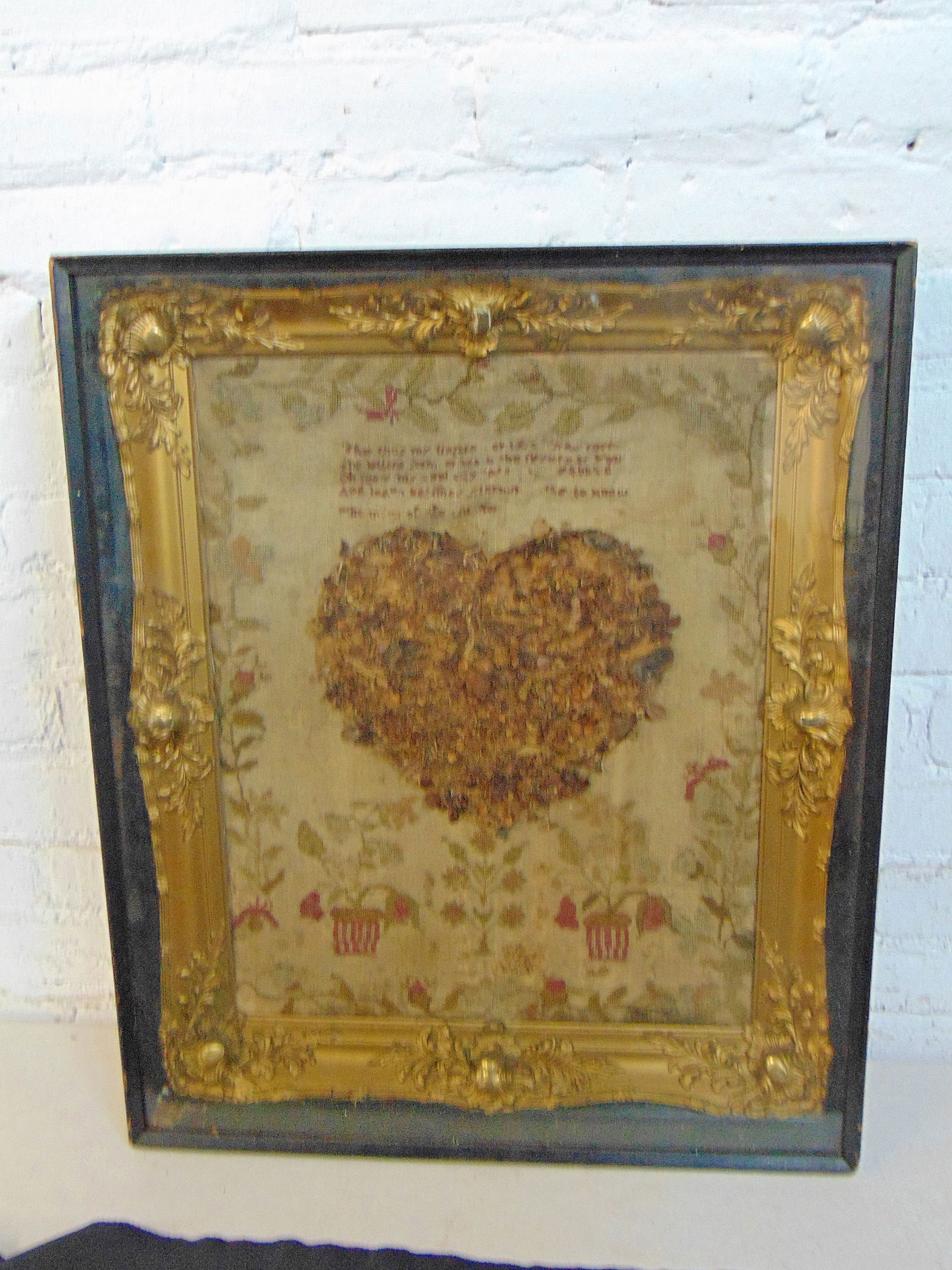 Needlepoint collage in shadowbox frame, needlepoint scene with collage of dried flowers in heart (1 of 5)