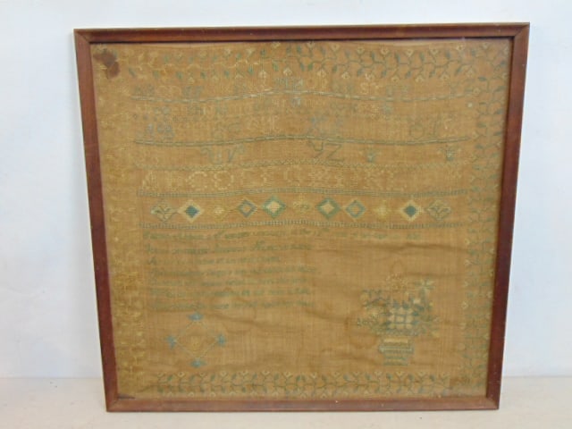 Early needlepoint sampler, dated 1835, text, alphabet, floral designs, sampler is 17 1/8" by 18 1/8" (1 of 5)