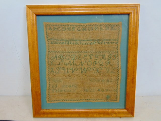 Needlepoint sampler, dated 1828, alphabet, by Jane...faded, in maple frame, 13 1/8" by 12.25" framed (1 of 5)