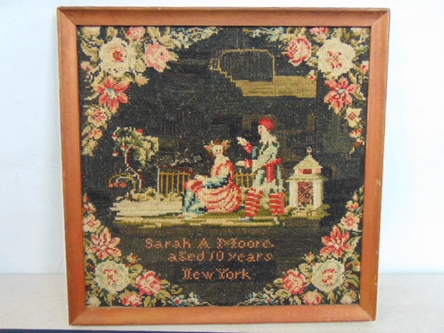 Needlepoint by Sarah A. Moore, aged 10 years, New York, with courting scene & floral decorated: Needlepoint by Sarah A. Moore, aged 10 years, New York, with courting scene & floral decorated corners, 15" by 15"