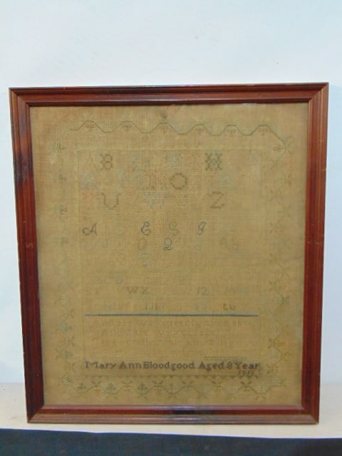 Needlepoint sampler, Mary Ann Bloodgood, aged 8 years 1853 (?), 21 5/8" by 19.25" (1 of 4)