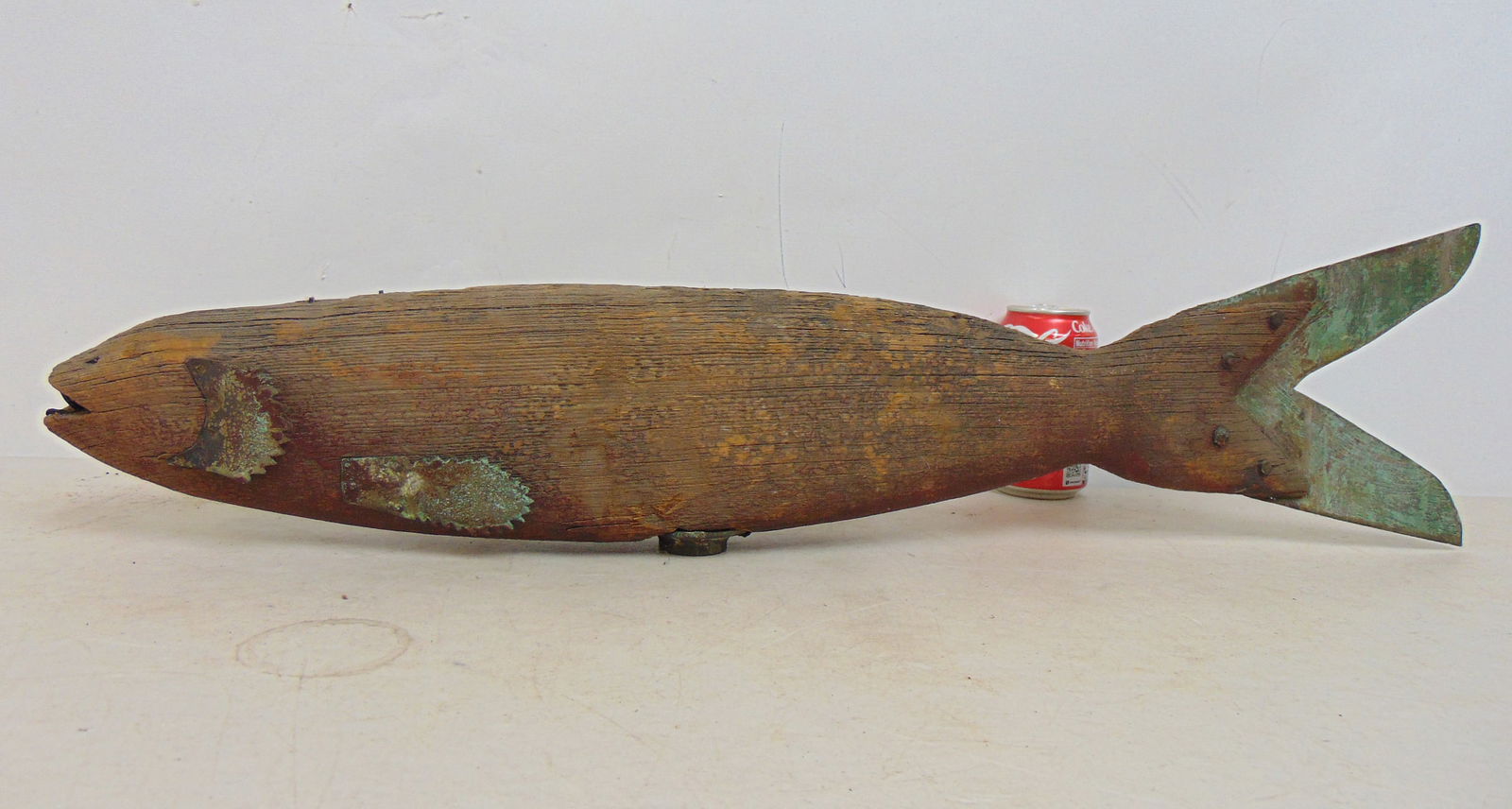 Early primitive wood fish weathervane, with metal tail, fins, 28.75" long, 7.25" tall (tail) (1 of 11)