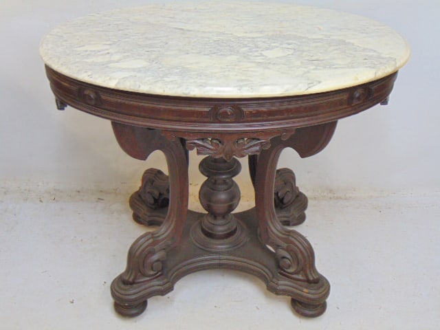Victorian oval marble top table, table is 35 3/8"long, 25.25", height is 30.25" (1 of 4)