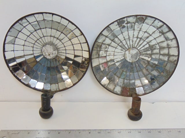Pair mirrored back candle wall sconces, round mirrored backs, 11" tall, 9" wide, one square missing, (1 of 4)