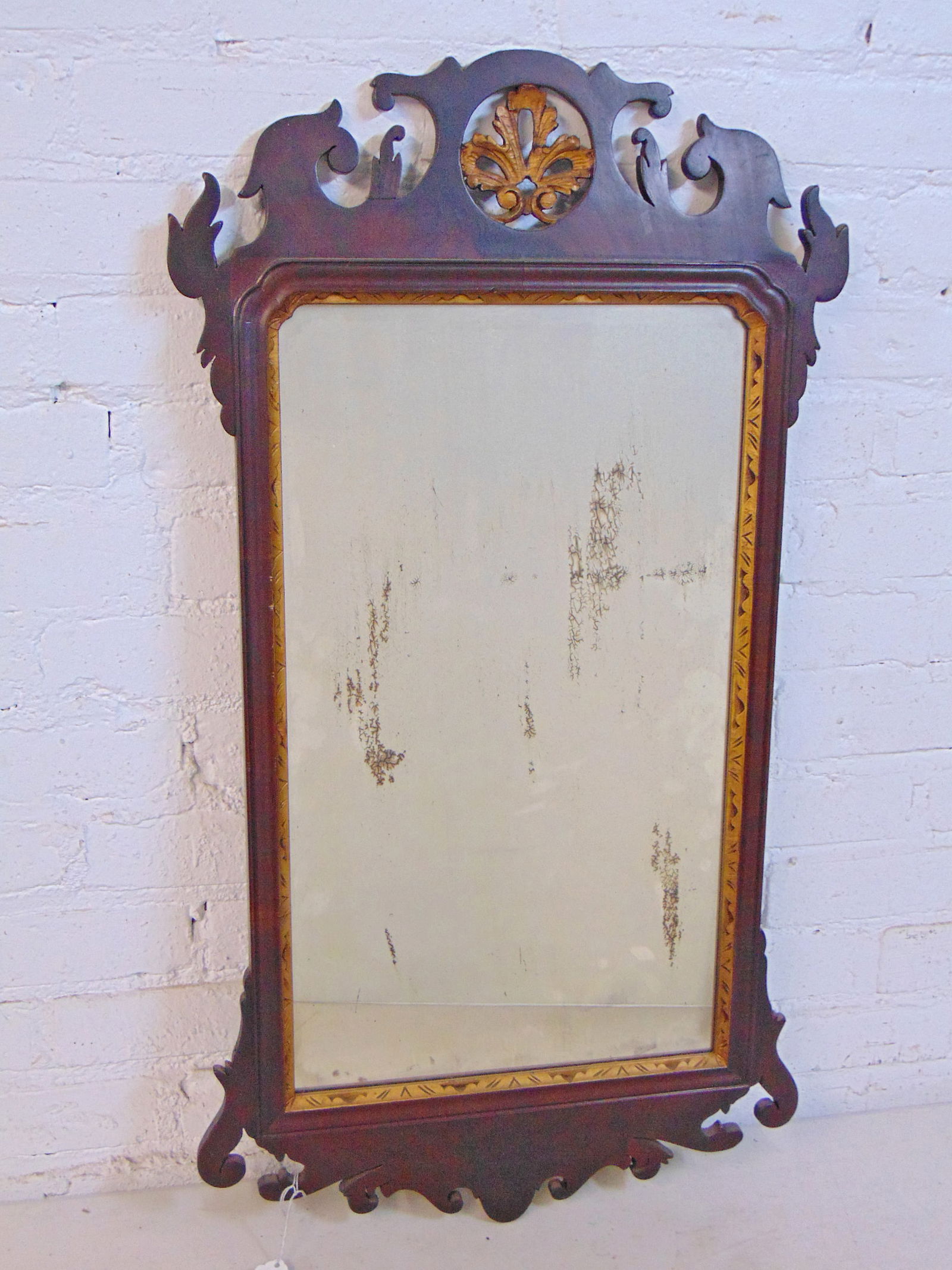 Period Chippendale mirror, old glass, gold trim, repair, replaced carving at top, mirror is 32.5" (1 of 8)