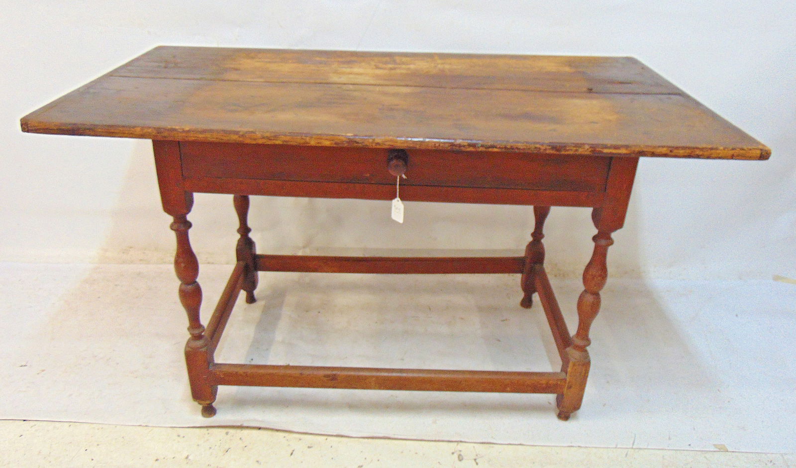 18th Century pine top, cherry base tavern table with stretcher base with drawer, top is 46.75" by (1 of 6)