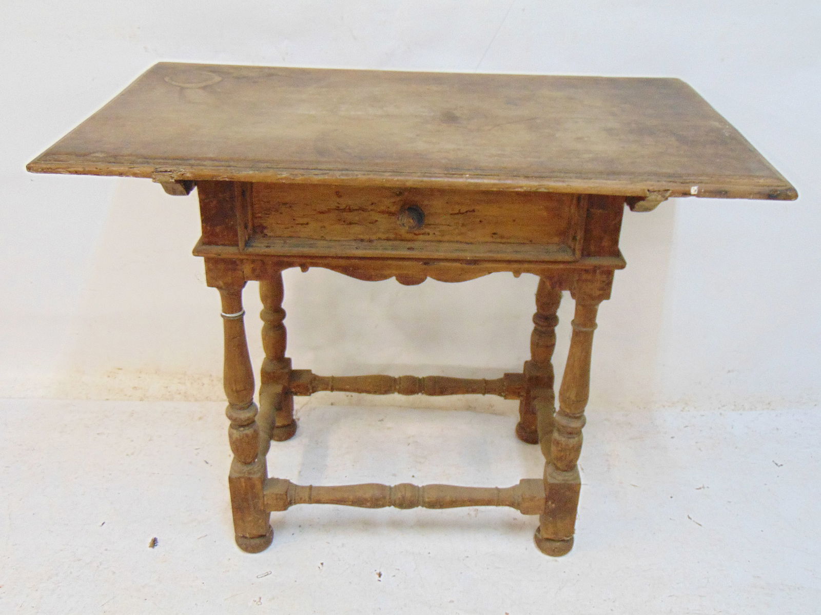Small stretcher base tavern style table with drawer, top is 34.25" by 19", height is 26.5" (1 of 6)