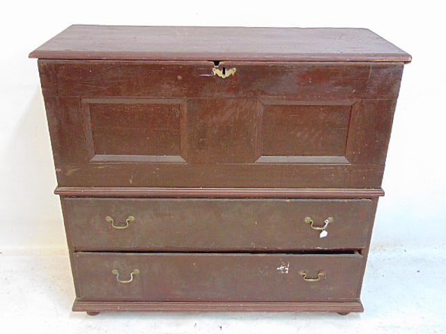 Country lift top blanket chest in pine, paneled top front, two drawers in base, chest is 41.25" (1 of 9)