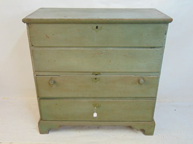18th Century lift top blanket chest in original blue paint, two drawers, 42" wide, 20" deep, height (1 of 9)